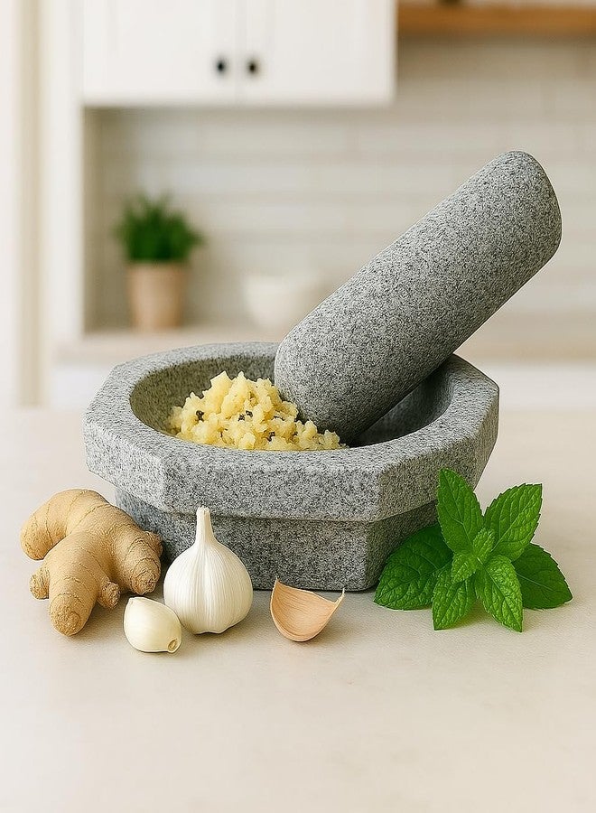 EZAHK Kalvam Stone Mortar and Pestle Set,Masher, Khalbatta, Kharal, Musal,for Kitchen, Home, Herbs and Spices (7 inch Grey) - Image 1